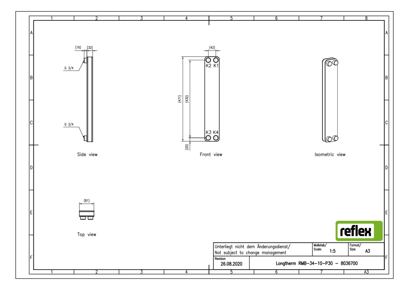Reflex Wärmetauscher Longtherm RMB-34-10, Plattenzahl 10, gelötet, Edelstahl, eingängig
