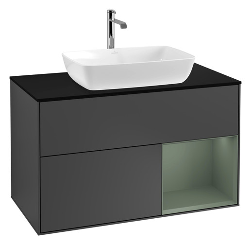 V&B Waschtisch-Unterschrank Wandbeleuchtung Finion 100cm, Abdeckplatte black matt, Regal Olive matt lacquer, Anthracite matt