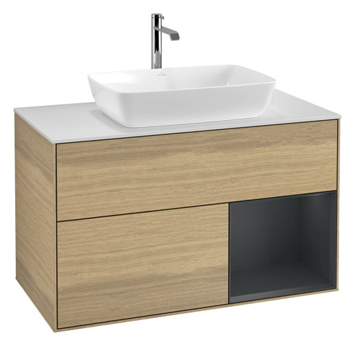 V&B Waschtisch-Unterschrank Wandbeleuchtung Finion 100cm, Abdeckplatte white matt, Regal Midnight matt lacquer, Oak Veneer