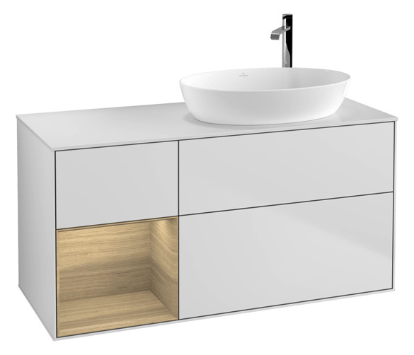 V&B Waschtisch-Unterschrank Wandbeleuchtung Finion 120cm, Abdeckplatte white matt, Regal Oak Veneer, White matt lacquer