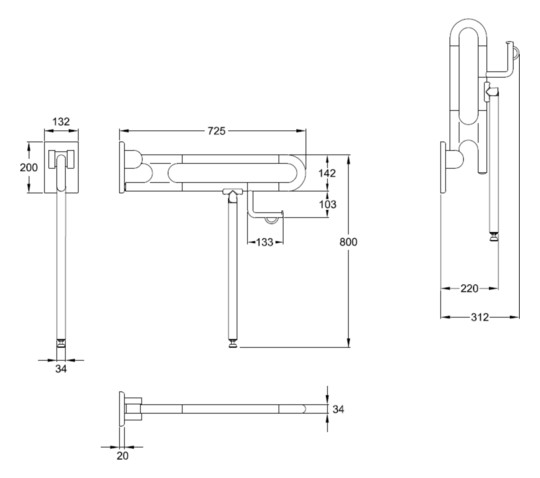 Normbau Stützklappgriff Nylon Care 800mm, 725 mm, Bodenstütze, Papierrollenhalter, schwarz