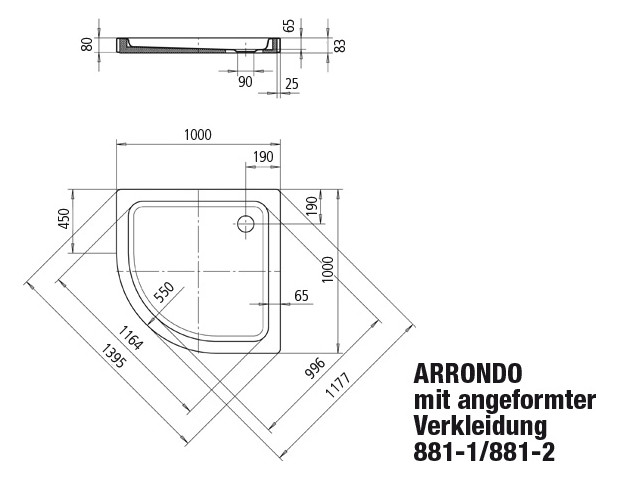 Kaldewei Duschwanne ARRONDO 881-2 100x100x6,5cm, mit Verkleidung/Träger, Perl-Effekt, schwarz