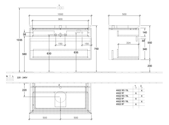 V&B Waschtischunterschrank Legato 100x55x50cm, Waschtisch mittig, mit LED-Beleuchtung, Stone Oak