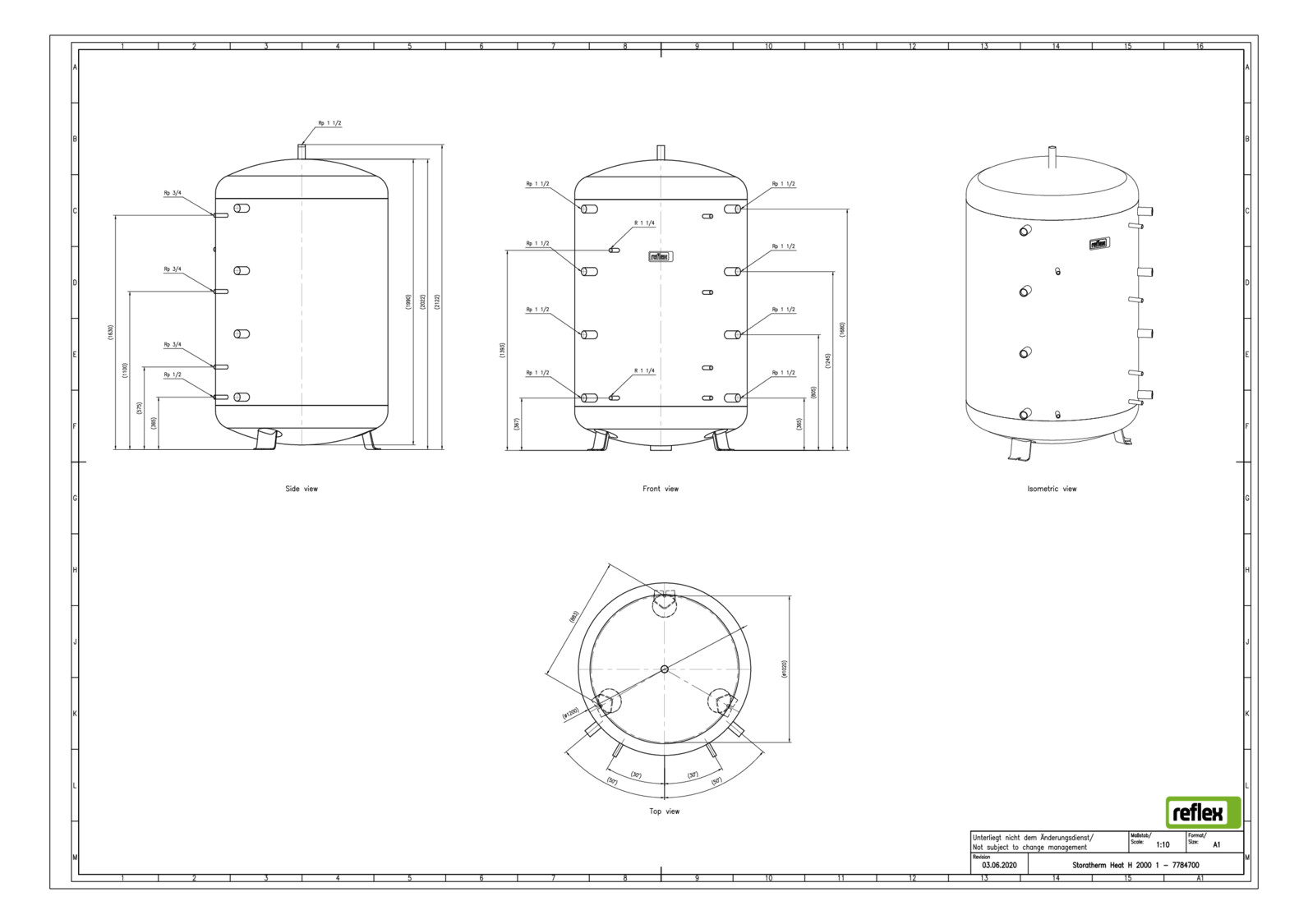 Reflex Pufferspeicher Storatherm Heat H 2000/1, Ø 1200 mm, 6 bar, mit Glattrohrwärmeübertrager, ohne Isolierung, silber