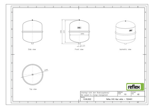 Reflex Membran-Druckausdehnungsgefäß N N 18, 4 bar/70 °C, R 3/4, weiß
