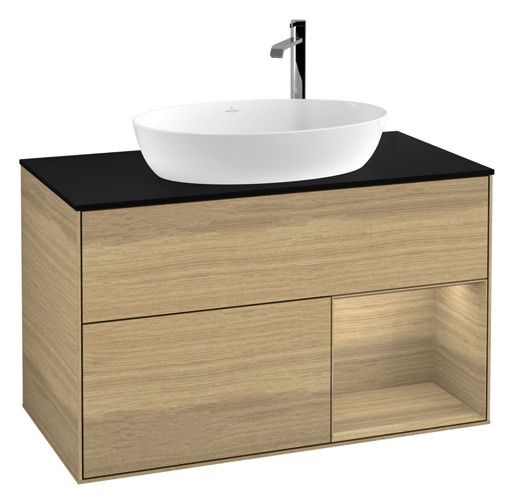 V&B Waschtisch-Unterschrank Wandbeleuchtung Finion 100cm, Abdeckplatte black matt, Regal Oak Veneer, Oak Veneer
