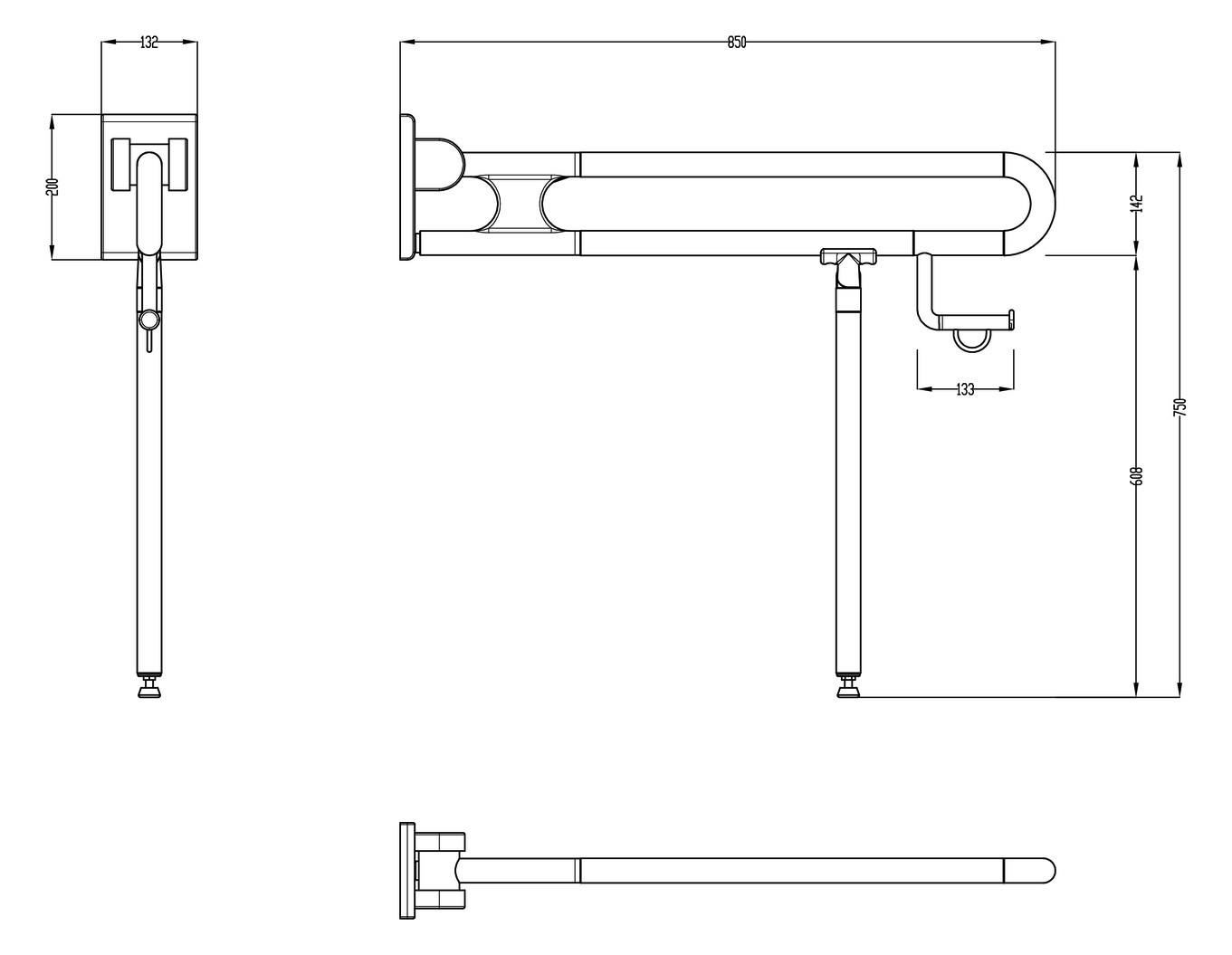 Normbau Stützklappgriff Nylon Care 750mm, 850 mm, Bodenstütze, Papierrollenhalter, dunkelgrau