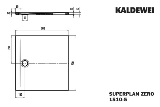 Kaldewei Duschwanne SUPERPLAN ZERO 1510-5 70x70cm, Wannenträger extraflach, schwarz matt 100