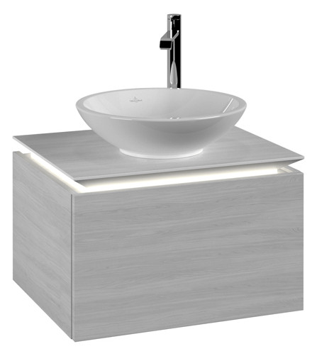 V&B Waschtischunterschrank Legato 60x38x50cm, Waschtisch mittig, mit LED-Beleuchtung, White Wood