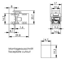 Modular-Kupplung 6 RJ45/RJ12 ger Buchse/Buchse einrasten