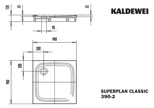 Kaldewei Duschwanne SUPERPLAN CLASSIC 390-2 90x90x2,5cm, mit Träger, Vollantislip, weiß