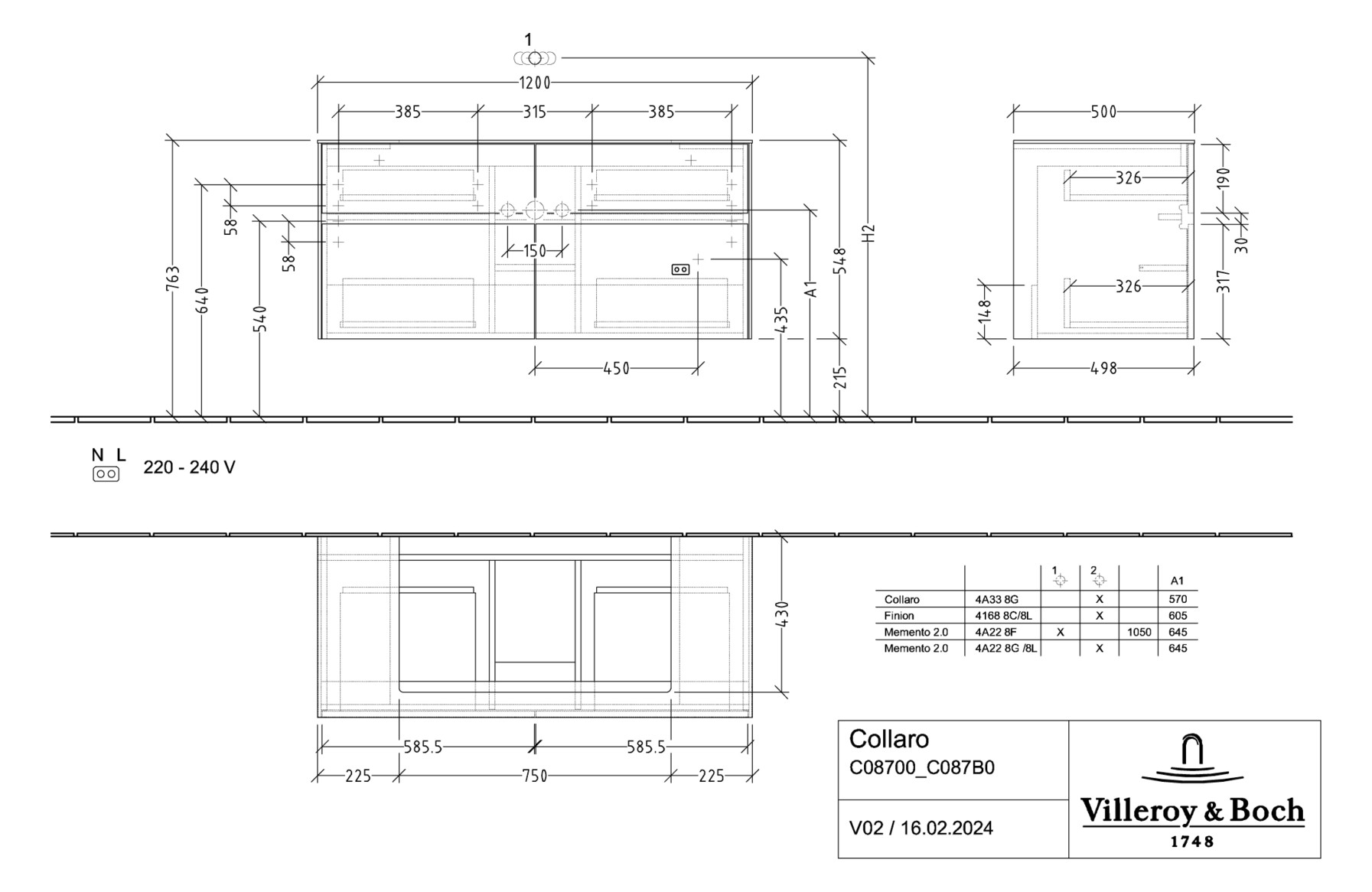 V&B Waschtischunterschrank Collaro 120x54,8x50cm, Waschtisch mittig, nordic oak
