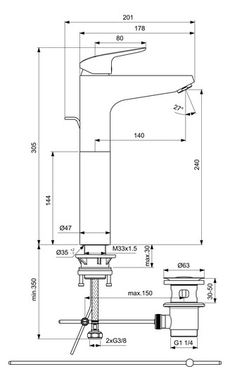 Ideal-Standard Waschtisch-Einhebelmischer CeraFlex chrom, verlängerter Sockel, mit Ablaufgarnitur, Ausladung 140mm