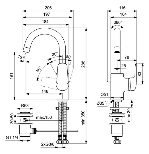 Ideal-Standard Waschtisch-Einhebelmischer CeraFlex mit hohem/schwenkbarem Auslauf, mit Ablaufgarnitur, chrom