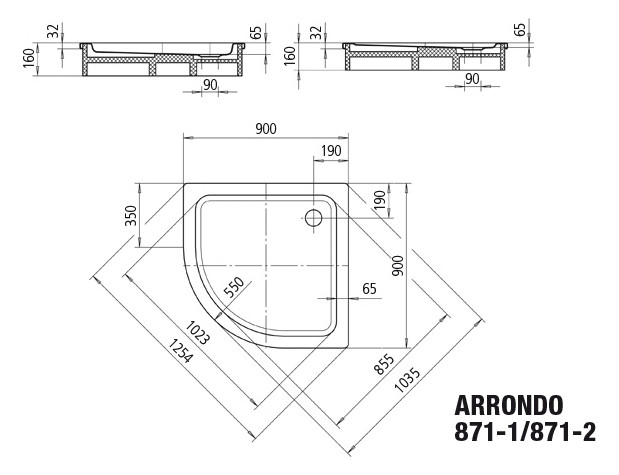 Kaldewei Duschwanne ARRONDO 871-2 90x90x6,5cm, mit Träger, Antislip Perl-Effekt, schwarz