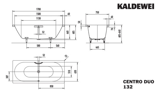 Kaldewei Badewanne CENTRO DUO 132 170x75cm, Griffloch, Perl-Effekt, Rutschhemmend, weiß