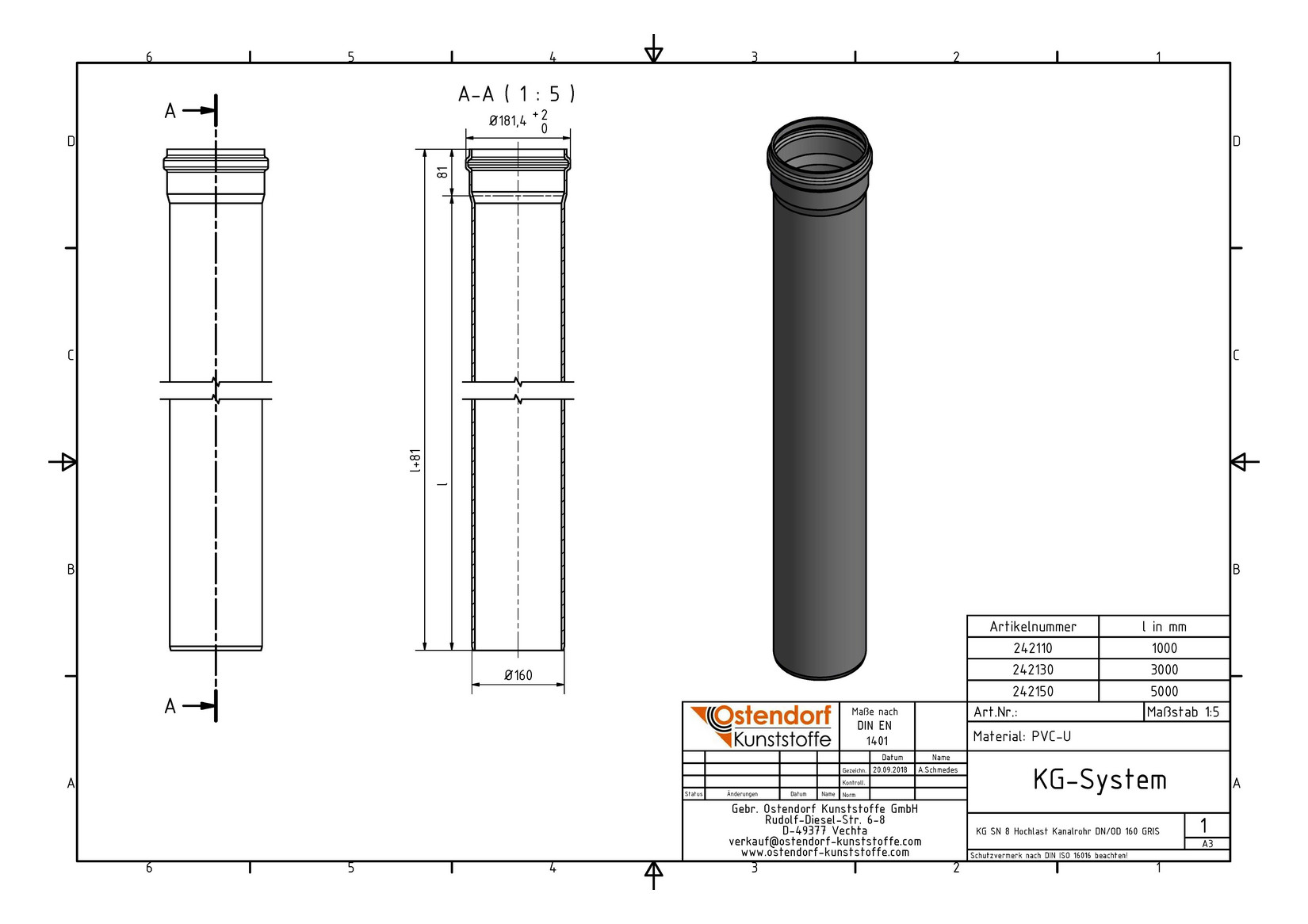Ostendorf KG Rohr SN 8 EM DN/OD 160, 3000 mm, mit Steckmuffe/Lippendichtung