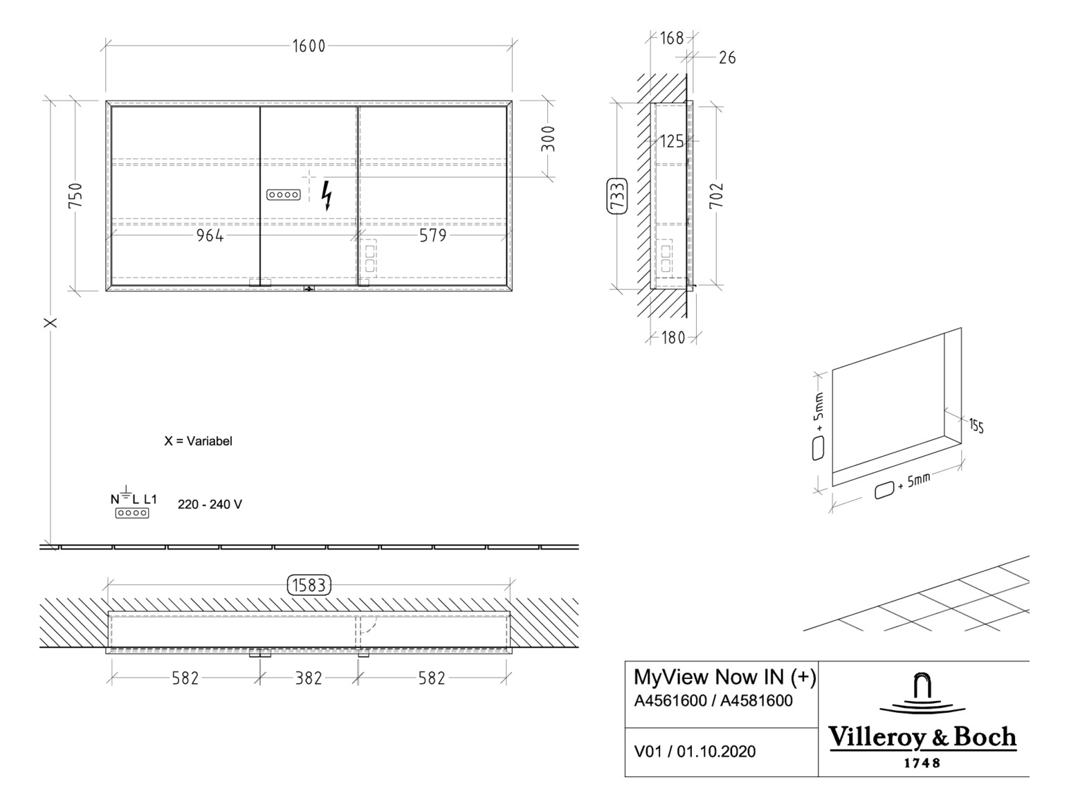 V&B Einbau-Spiegelschrank MY VIEW NOW 160 x 75 x 16,8 cm, LED-Beleuchtung, 3 Türen, mit Ein-/Ausschalter
