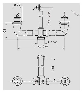 Sanit Ab-/Überlaufgarnitur G1 1/2 x max. 380 mm, beidseitig Stopfen mit Kugelkette