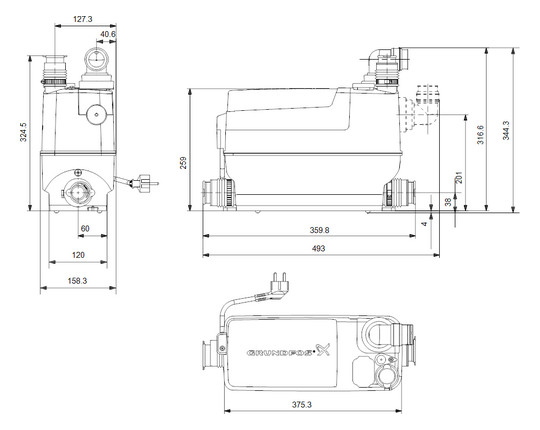 Grundfos Kleinhebeanlage Sololift2 Typ C-3 446 x 159 x 339 mm, 0,64 kW, 1 x 230-240 V