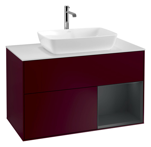 V&B Waschtisch-Unterschrank Wandbeleuchtung Finion 100cm, Abdeckplatte white matt, Regal Midnight matt lacquer, Peony Matt