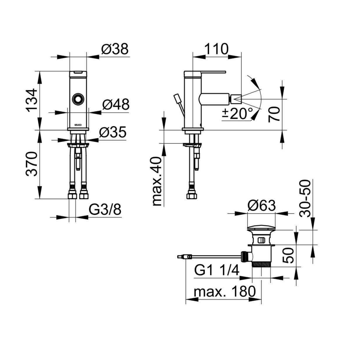 KEUCO Bidet-Einhebelmischer IXMO Flat Ausladung 110mm, mit Ablaufgarnitur, verchromt