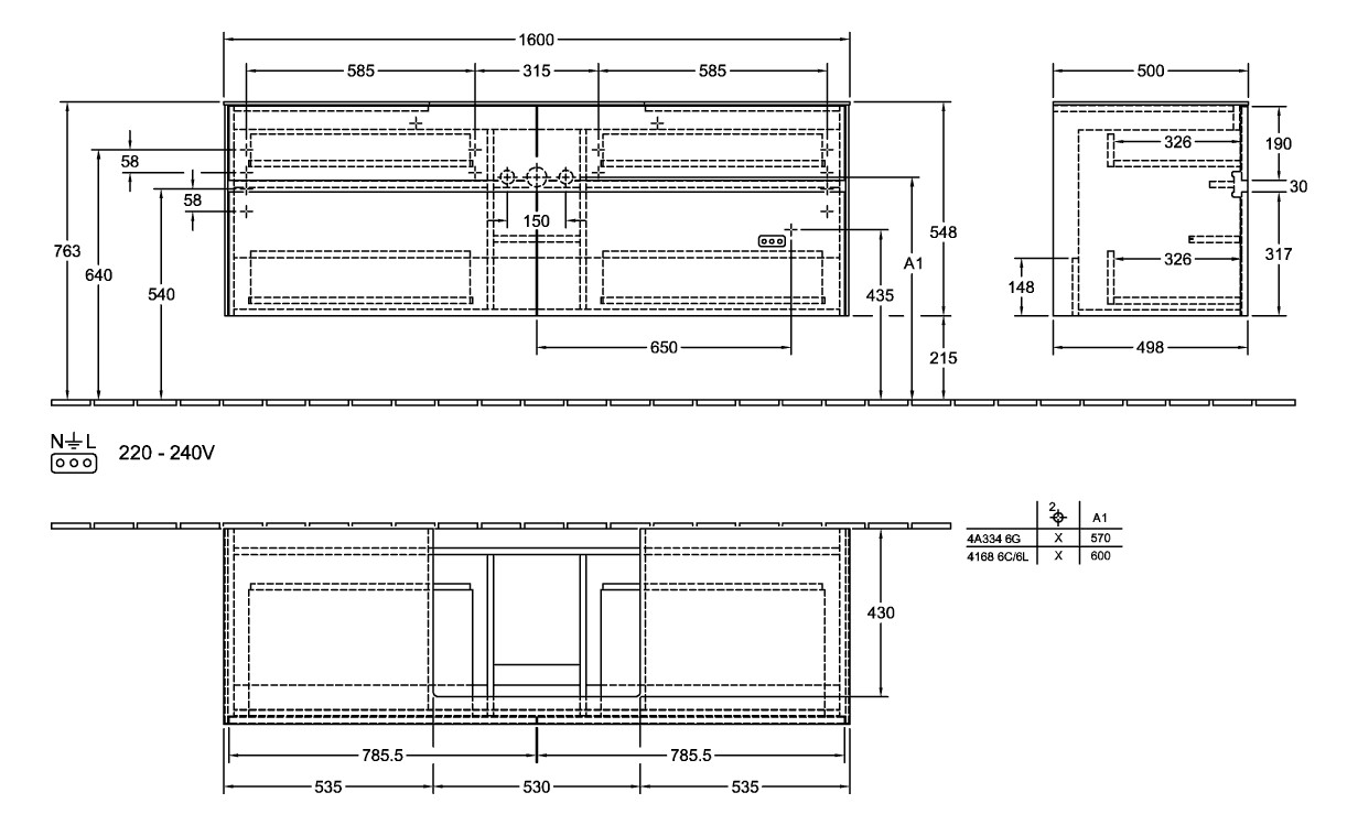 V&B Waschtischunterschrank Collaro 160x54,8x50cm, Waschtisch mittig, LED-Beleuchtung 12W, soft grey