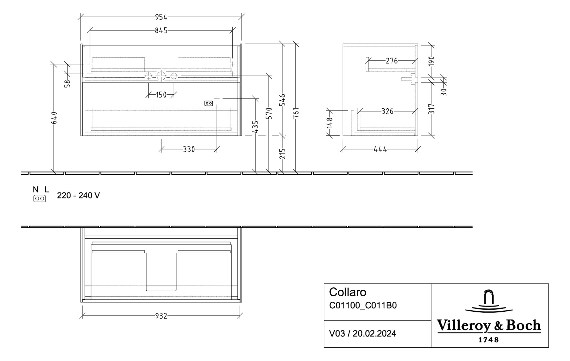 V&B Waschtischunterschrank Collaro 95,4x54,6x44,4cm, Waschbecken mittig, LED-Beleuchtung 7W, glossy grey