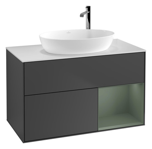 V&B Waschtisch-Unterschrank Finion 100cm, Abdeckplatte white matt, Regal Olive matt lacquer, Anthracite matt