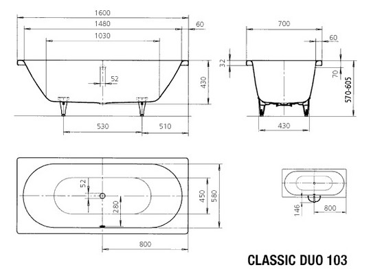 Kaldewei Badewanne CLASSIC DUO 103 160x70cm, Griffloch, Vollantislip, weiß