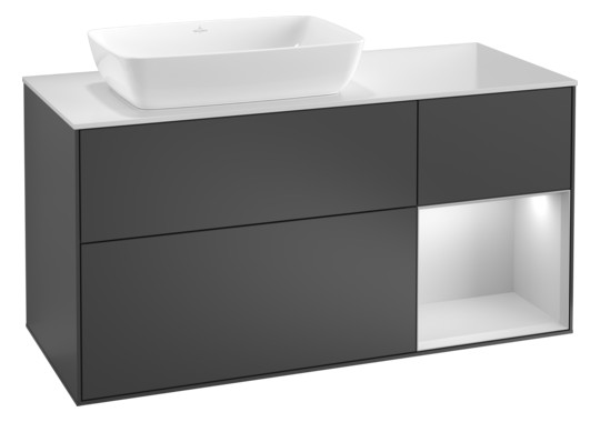 V&B Waschtisch-Unterschrank Finion 120cm, Abdeckplatte white matt, Regal Oak Veneer, Olive Matt Lacquer