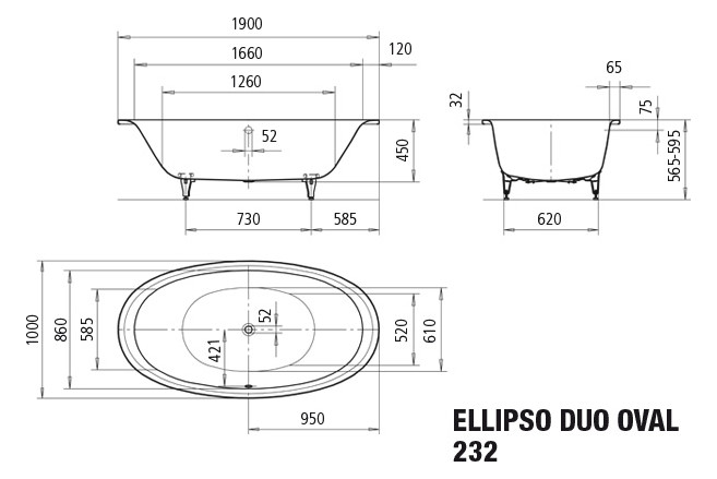Kaldewei Badewanne ELLIPSO DUO oval 232 190x100cm, Griffloch, Perl-Effekt, bahamabeige