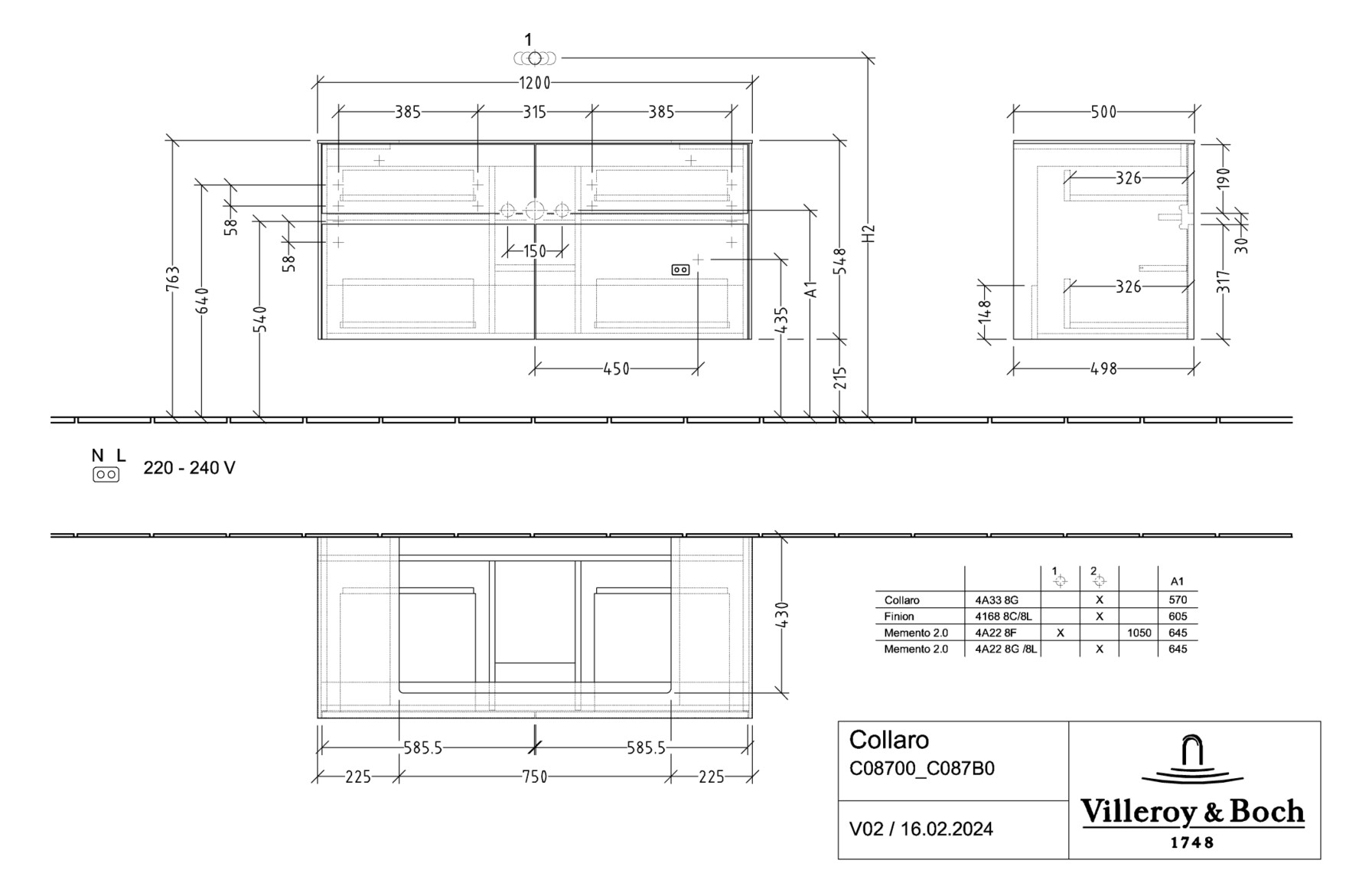 V&B Waschtischunterschrank Collaro 120x54,8x50cm, Waschtisch mittig, nordic oak