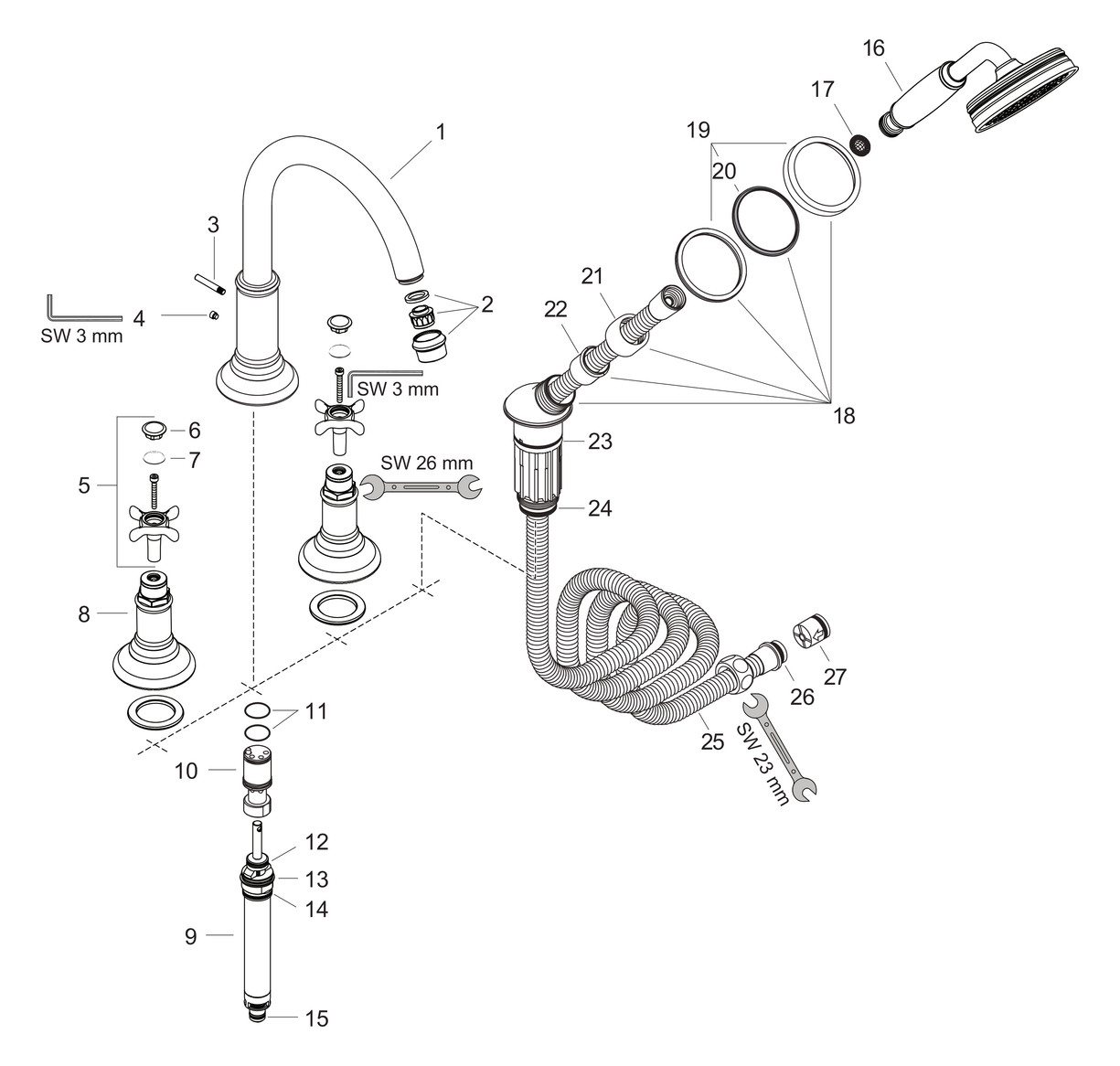hansgrohe Fertigmontageset Axor Montreux 4-Loch-Wannenrandarmatur, mit Kreuzgriffen, brushed nickel