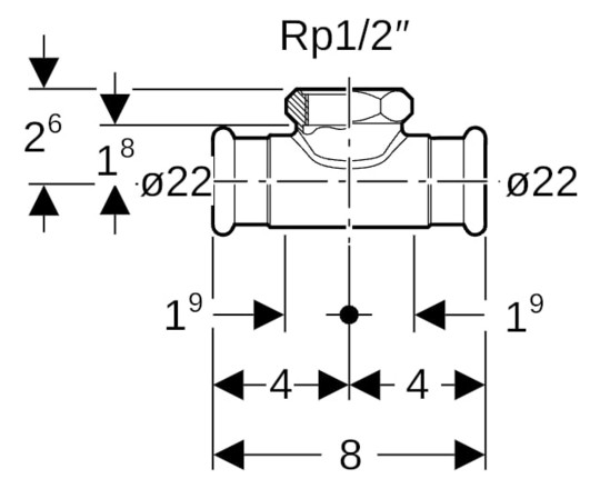 Geberit Gas-T-Stück Mapress Ø 22 mm x Rp 1/2, mit Innengewinde, für Natur- und Flüssiggas, Kupfer