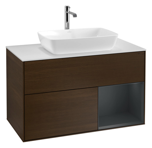 V&B Waschtisch-Unterschrank Wandbeleuchtung Finion 100cm, Abdeckplatte white matt, Regal Midnight matt lacquer, Walnut veneer