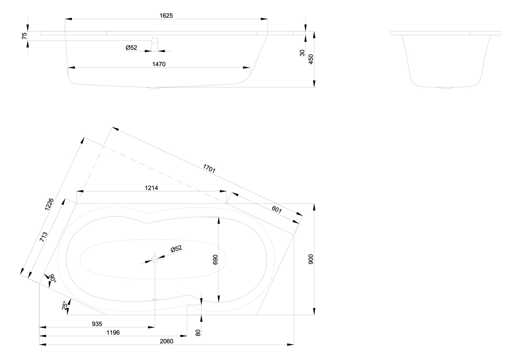 6-Eck-Badewanne BetteMetric 6841 edelweiß, 206x90x45cm, Fußende links, Überlauf vorne