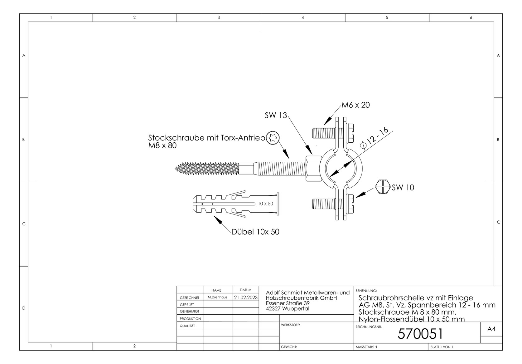 ASW Schraubrohrschelle Spannbereich 15-19 mm M 8, mit Schallschutzeinlage
