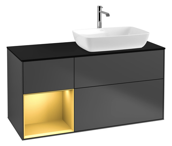 V&B Waschtisch-Unterschrank Finion 120cm, Abdeckplatte black matt, Regal Gold matt lacquer, Anthracite matt
