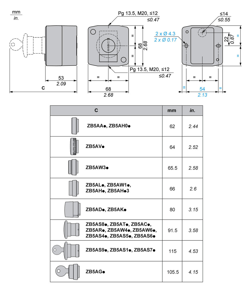 Aufbaugehäuse Kst 1f Ø22,5mm IP54 68x68x53mm