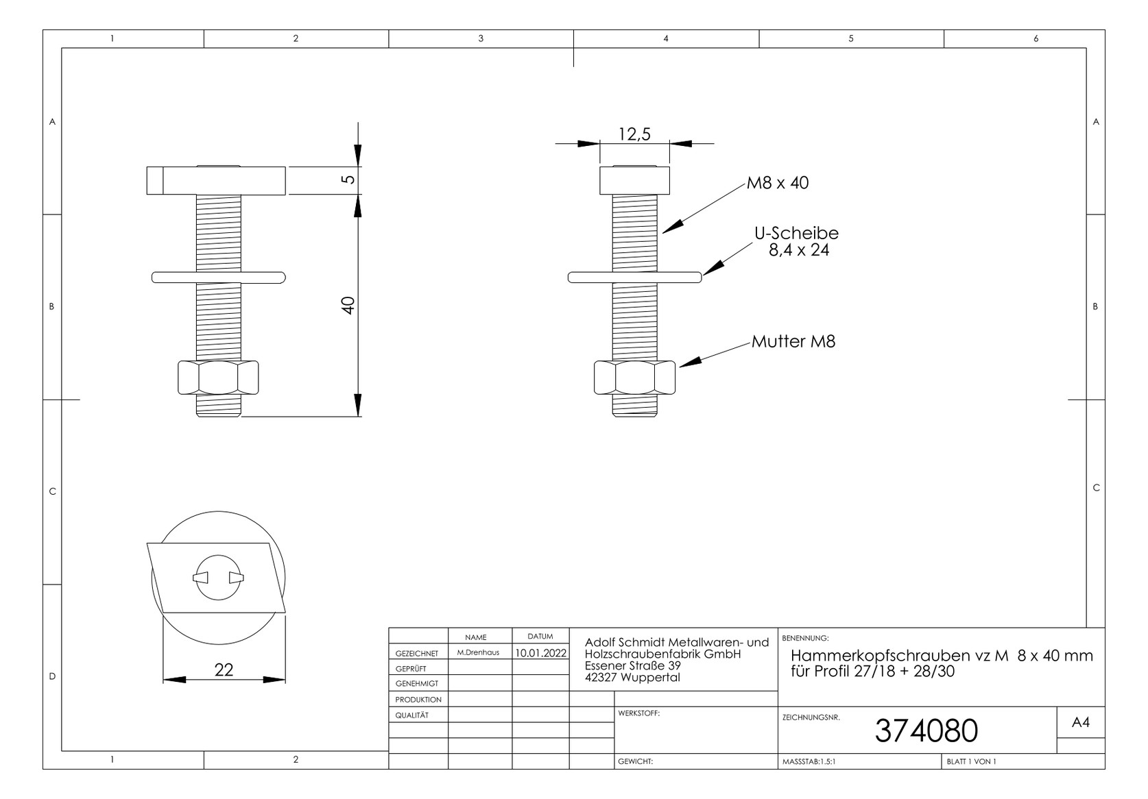 ASW Hammerkopfschraube Stahl verzinkt, für Profil 27/18 + 28/30, M 8 x 40 mm