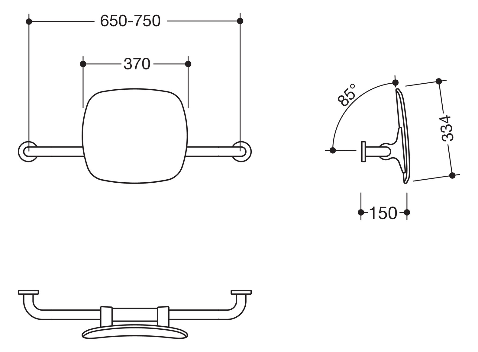 HEWI Rückenstütze 801 Wandabstand 150mm, Lehne tiefschwarz, tiefschwarz