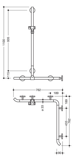 HEWI Duschhandlauf System 800 K 1100 mm, Brausehalter, Stützen und Rosetten reinweiß, anthrazitgrau