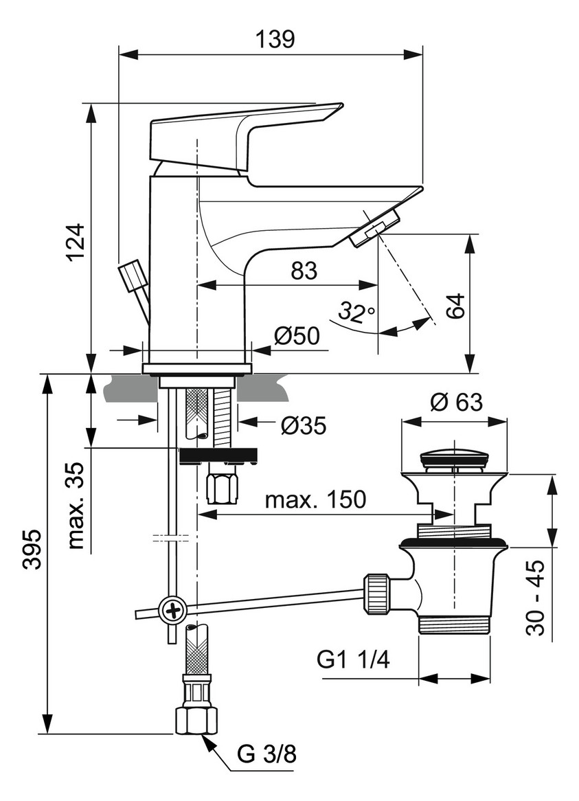 Ideal-Standard Waschtisch-Einhebelmischer Tesi Piccolo Ausladung 83mm, verchromt, mit Metall-Ablaufgarnitur