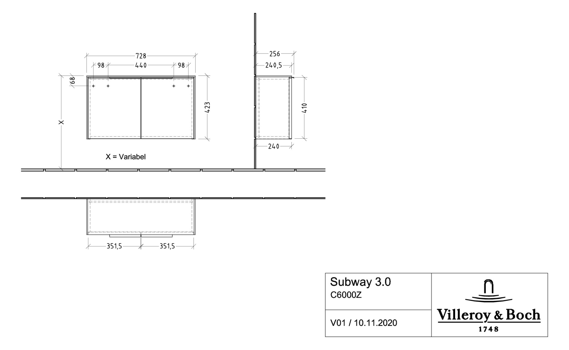 V&B Sideboard Subway 3.0 72,8x42,3x25,6cm, Griff Aluminium glänzend, stone oak