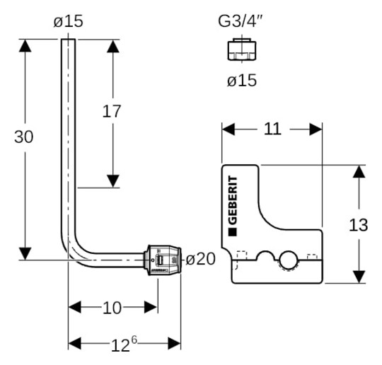 Geberit Metallrohr-Anschlussbogen PushFit Ø 20 mm, 90Grad, mit Anschlussverschraubung zu Eurokonus, Messig/Kupfer