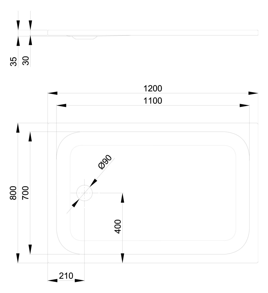 Duschwanne BetteUltra 1680 120x80x3,5cm, Glasur, raven