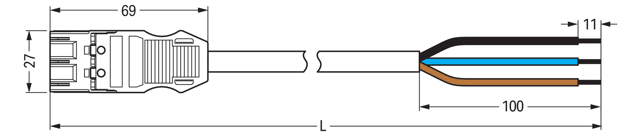 Systemverbindung 3p Serie 771 H05Z1Z1-F 3x1,5qmm L3000mm sw Stecker fr.Ende hfr