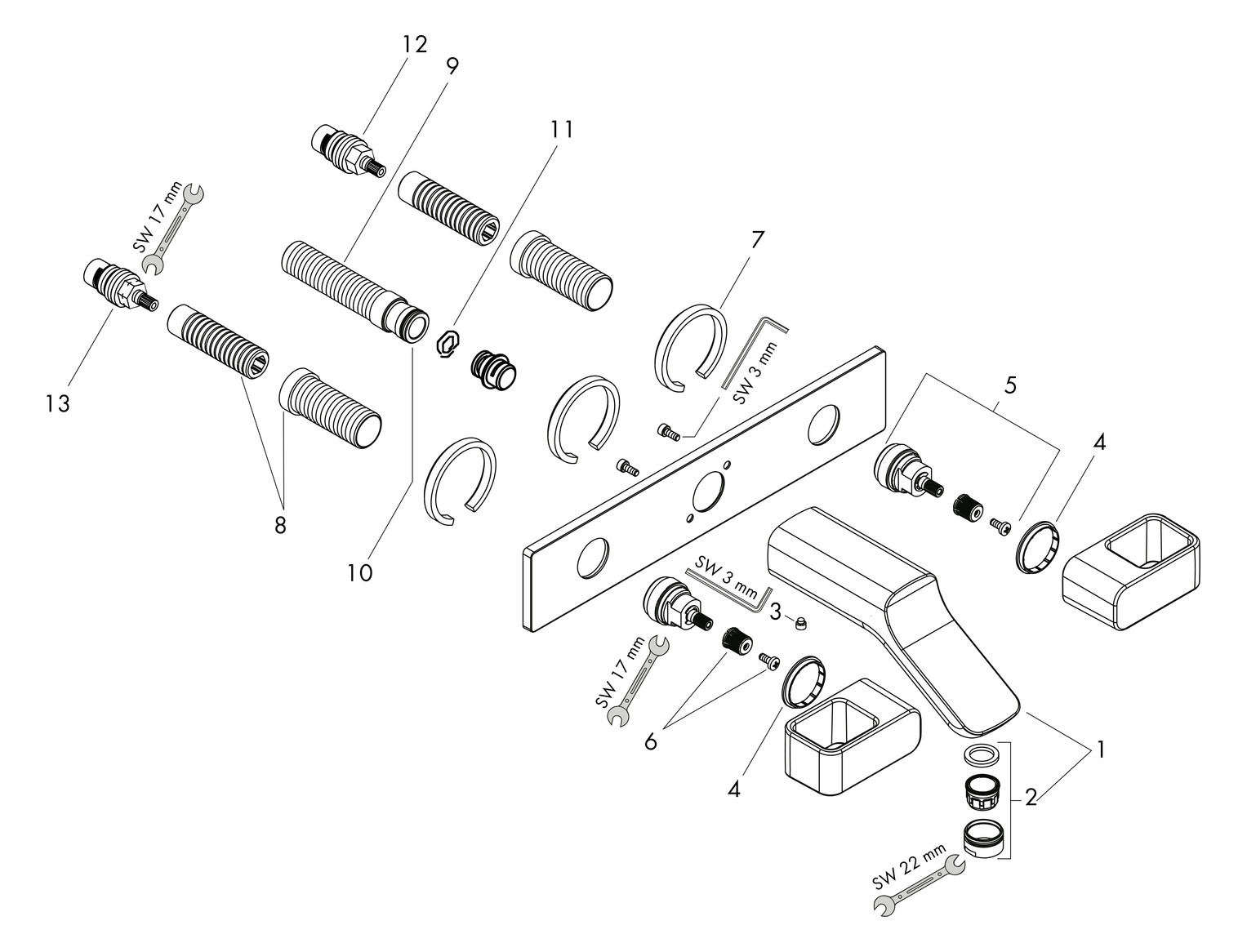 hansgrohe Fertigmontageset Axor Urquiola Ausladung 168 mm, polished gold optic, UP-3-Loch-Waschtischarmatur, Wandmontage