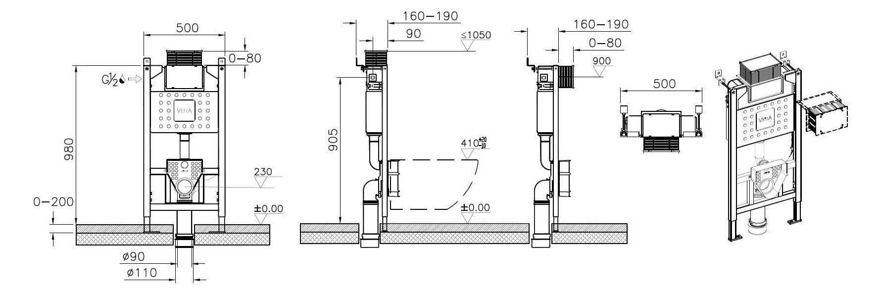 VitrA Bad UP-Spülkasten-Modul V-Fix Easy 98x16-19x50cm, für Wand-/Dusch-WCs